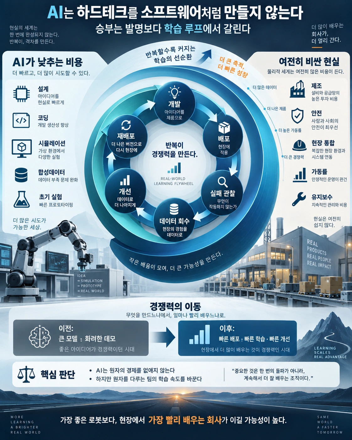 AI가 하드테크에서 경쟁우위를 만드는 학습 루프 인포그래픽