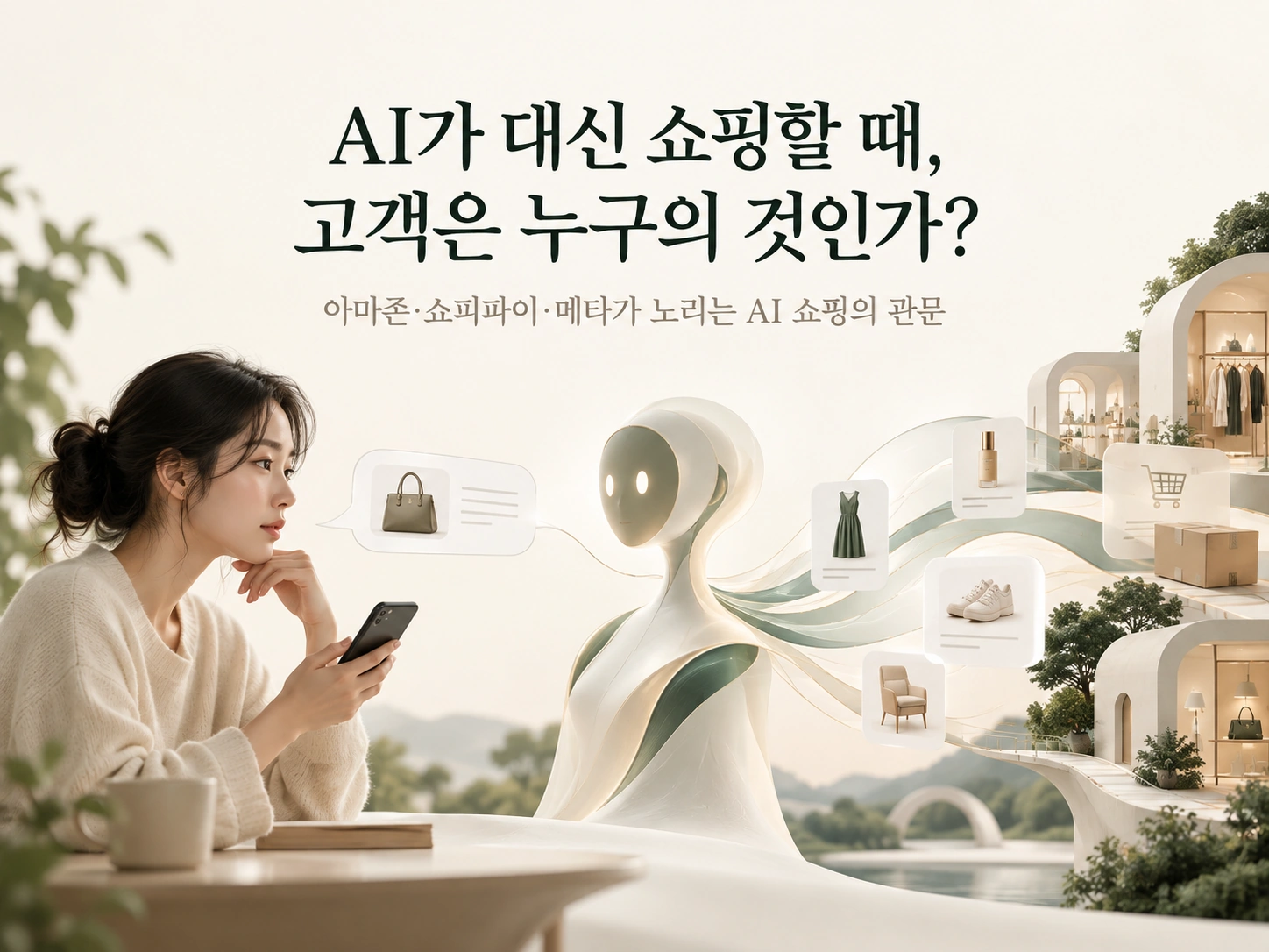 AI가 대신 쇼핑할 때 고객이 AI에 구매 의도를 전달하고 상품 선택이 거래 시스템과 연결되는 개념 장면