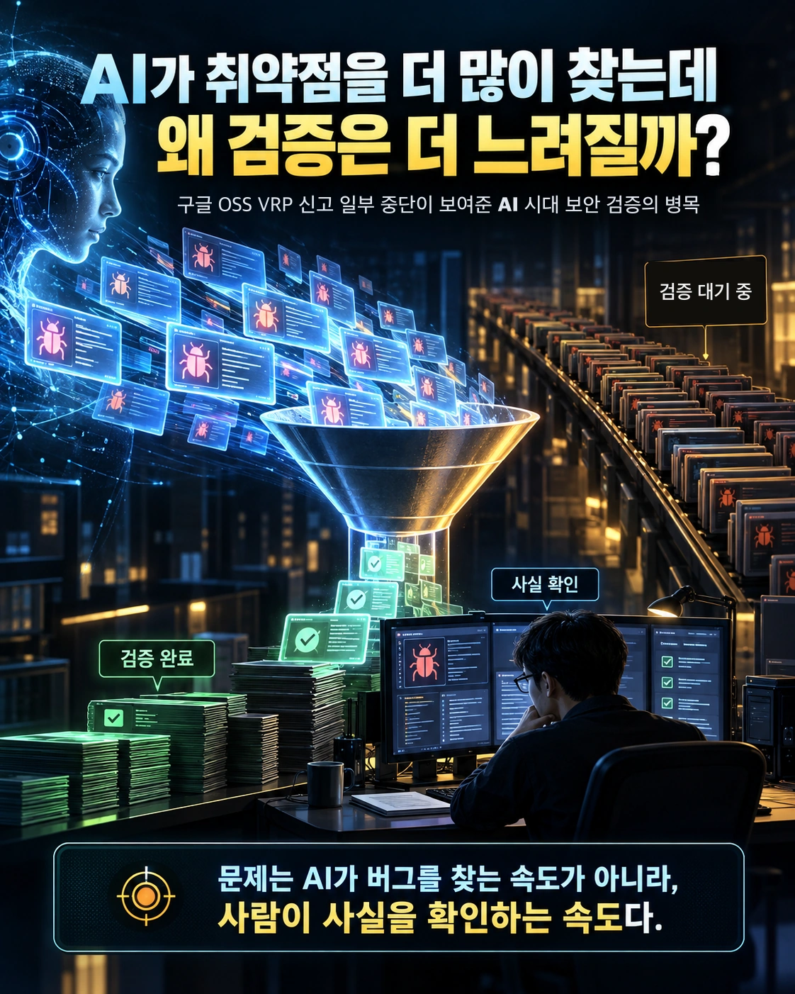 AI가 찾아낸 취약점 후보가 깔때기로 몰리고 사람이 사실을 확인하는 속도가 병목이 되는 장면을 그린 표지
