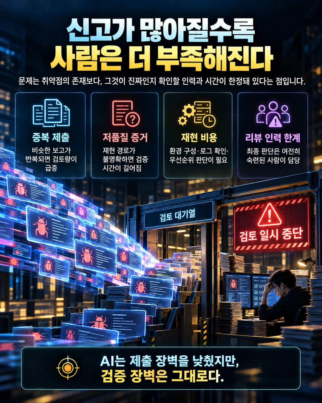 중복 제출, 저품질 증거, 재현 비용, 리뷰 인력 한계로 검토 대기열이 쌓이는 구조를 설명한 카드