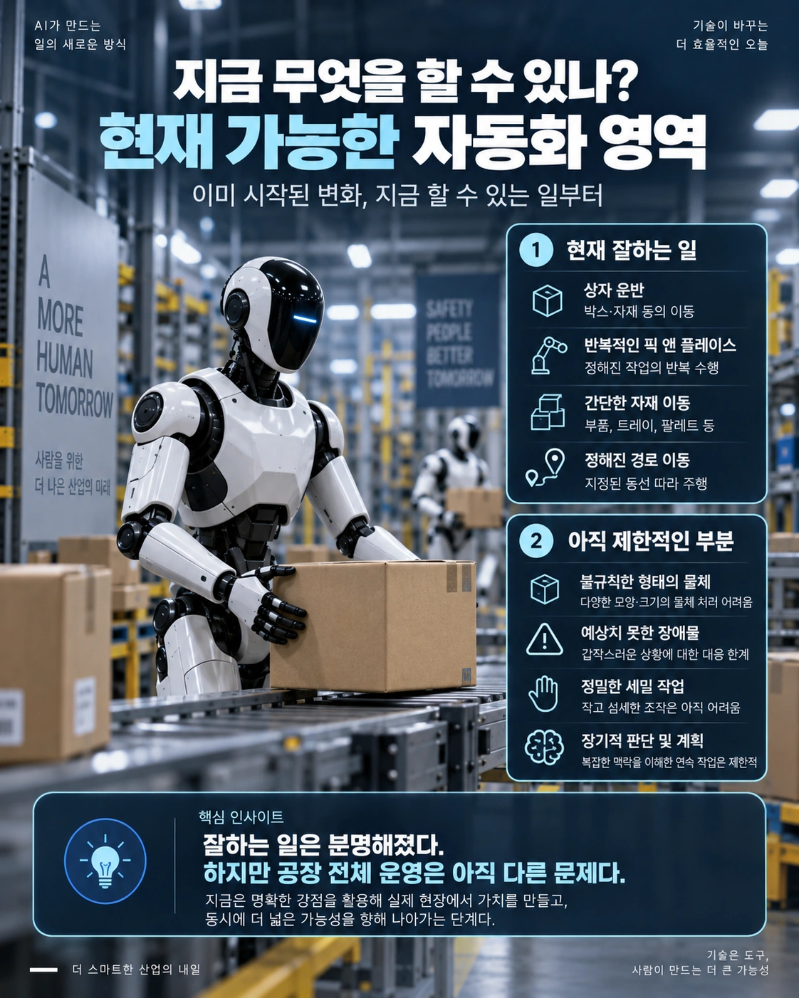 정해진 자재 운반과 반복 작업의 실용화 영역, 불규칙한 물체와 예외 상황의 한계를 대조한 인포그래픽