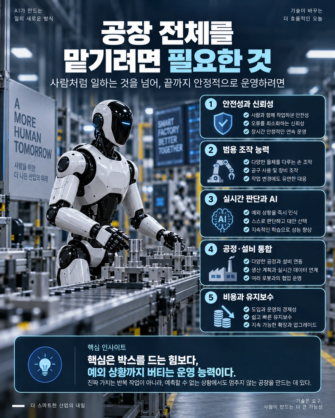 공장 전체 운영을 위해 필요한 안전·신뢰성, 조작 능력, 실시간 판단, 시스템 통합, 총비용을 정리한 인포그래픽