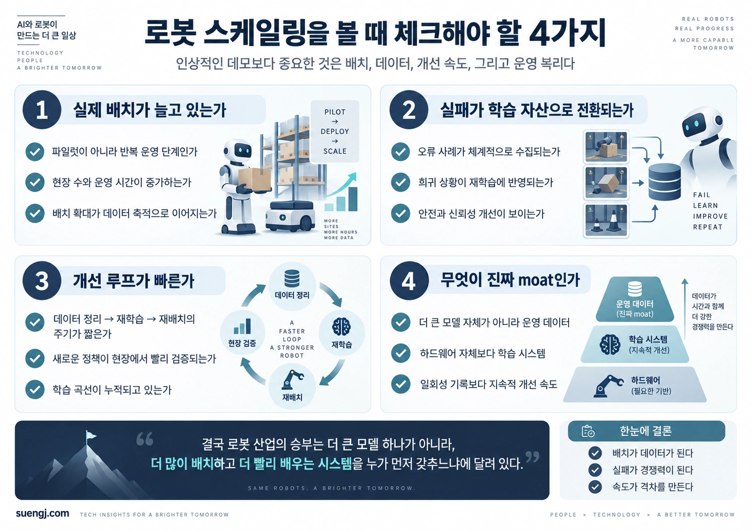 로봇 스케일링을 평가할 때 실제 배치 증가, 실패 데이터의 학습 전환, 개선 루프 속도, 운영 데이터 moat를 확인하는 네 가지 기준 인포그래픽